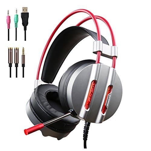 PC Gaming Headset with Mic, 3.5mm Over-Ear Headphones with Water-cool LED Light, 7.1 Stereo Sound Earphone with 50mm Driver for New Xbox One PS4 Cellphone Laptop Computer (M9-Grey)