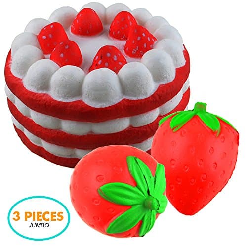 3 Pcs Slow Rising Jumbo Rainbow Squishy Cake and Strawberry Fruit Charms Squishy Toys Stress Relief Toys Party Favors ( Colour Random)