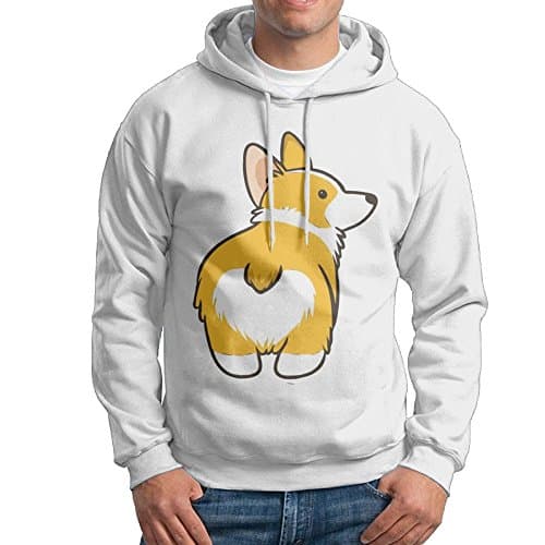 ChenXA Men's Corgi Butt Long Sleeve Pullover Hooded Sweatshirt White Size XL