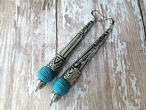 Long Etched Silver and Turquoise Twine Bead Dangle Earrings