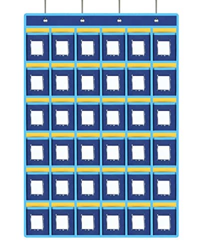 36 Pockets Classroom Pocket Chart Cell Phones Holder Organizer for School Calculators Meeting ID Badge(36 Pockets and Clear Pockets)