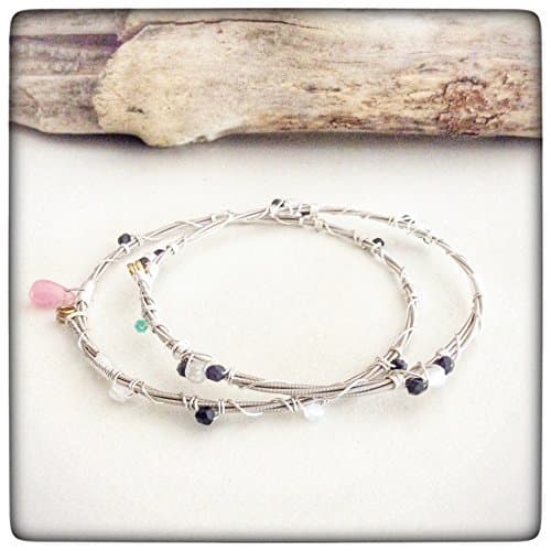 Musically Inspired Wire Wrapped Guitar String Bangle Bracelet Set - Czech Crystal - Moonstone - Collectable - Stackable - Vegan - Eco Friendly - Ready to ship