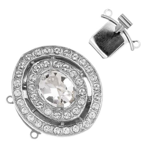 Elegant Elements Rhodium Plated 2-Strand Box Clasp - Terraced Oval With Crystals - 27x26.5mm
