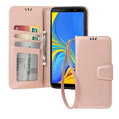 Galaxy A7 2018 case, Premium PU Leather Book Folio Wallet Flip with Card Slots Protection for Samsung A7 2018 SM-A750(Rose Gold)