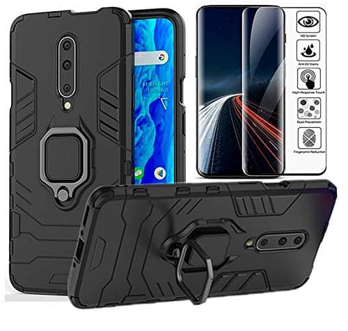 OnePlus 7 Pro Case,OnePlus 7 Pro Case with HD Screen Protector,L00KLY Dual Layer Hybrid Shockproof Case with 360 Degree Rotating Ring Kickstand Cover Fit Magnetic Car Mount for OnePlus 7 Pro (Black)