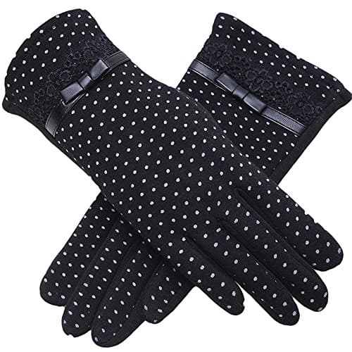 QQsweet Vintage Dot Pattern Winter Gloves Women Touchscreen Warm Lined Stretchy Outdoor Mittens(Black)