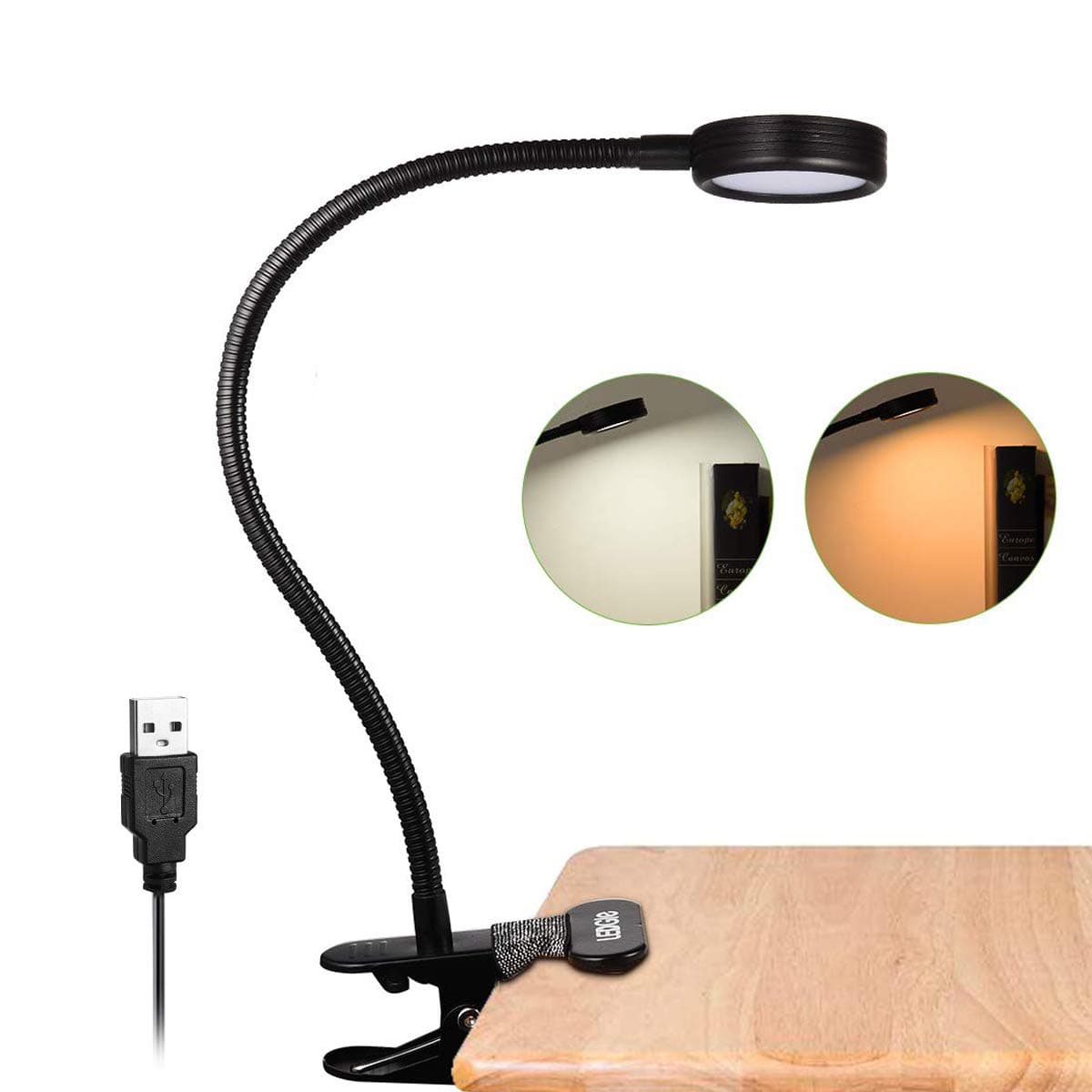 LEDGLE Mini Clip on Light Reading Light Dimmable Desk Lamp Book Light Eye-Friendly 2 Color Temperature Modes, 2 Brightness Levels, Anti-Slip Lamp Base, Flexible Hose