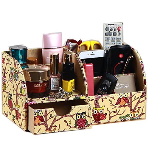 Creative Leather Desk Accessories Drawer Organizer, desktop storage box pencil remote control holder with business card stand for home office decor (yellow owl)