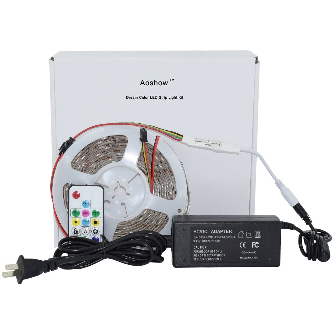 Aoshow Addressable Programmable Digital WS2815 LED Strip Light Kit 16.4FT 150Pixels SMD5050 IC Built-in RGB Chip+ SP103E Mini-RF 14Keys Controller+ 12V 5A Power Supply (Kit WS2815 30LEDs IP65)