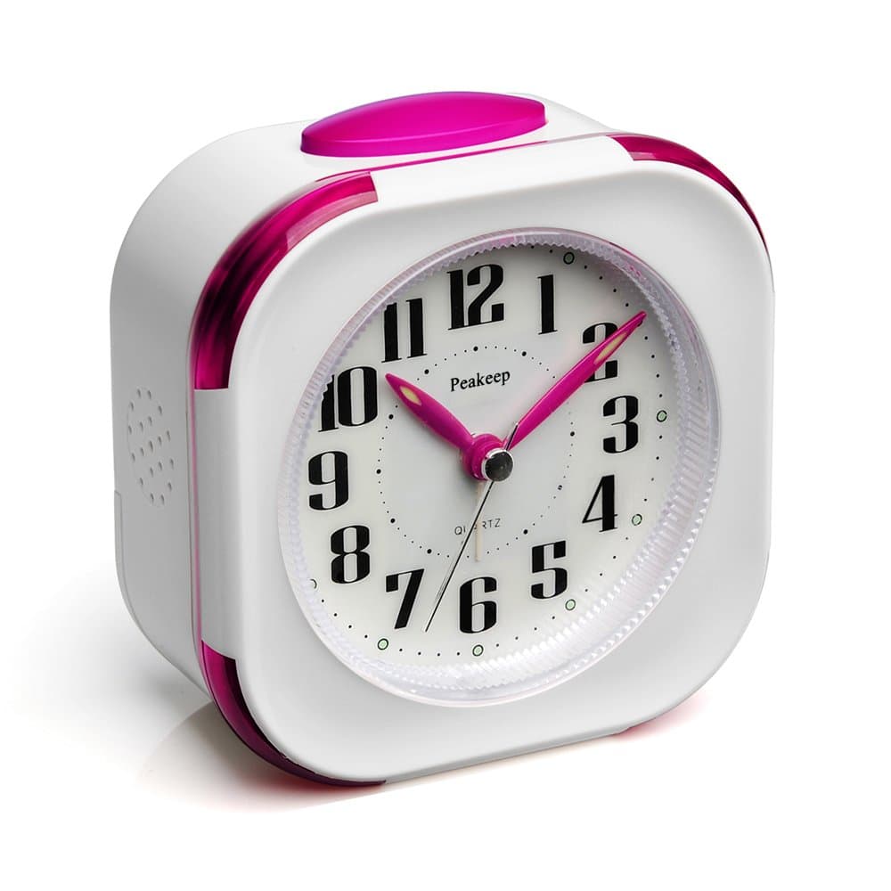 Peakeep Melody Alarm Clock with Snooze and Light Function, Battery Operated No Ticking Quartz Clocks, White with Magenta