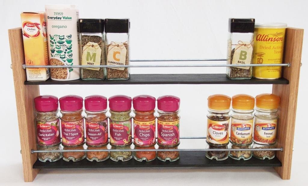Handcrafted Natural Slate and Solid Oak 2 Tier, 20 Jar Spice Rack - Modern Contemporary Style