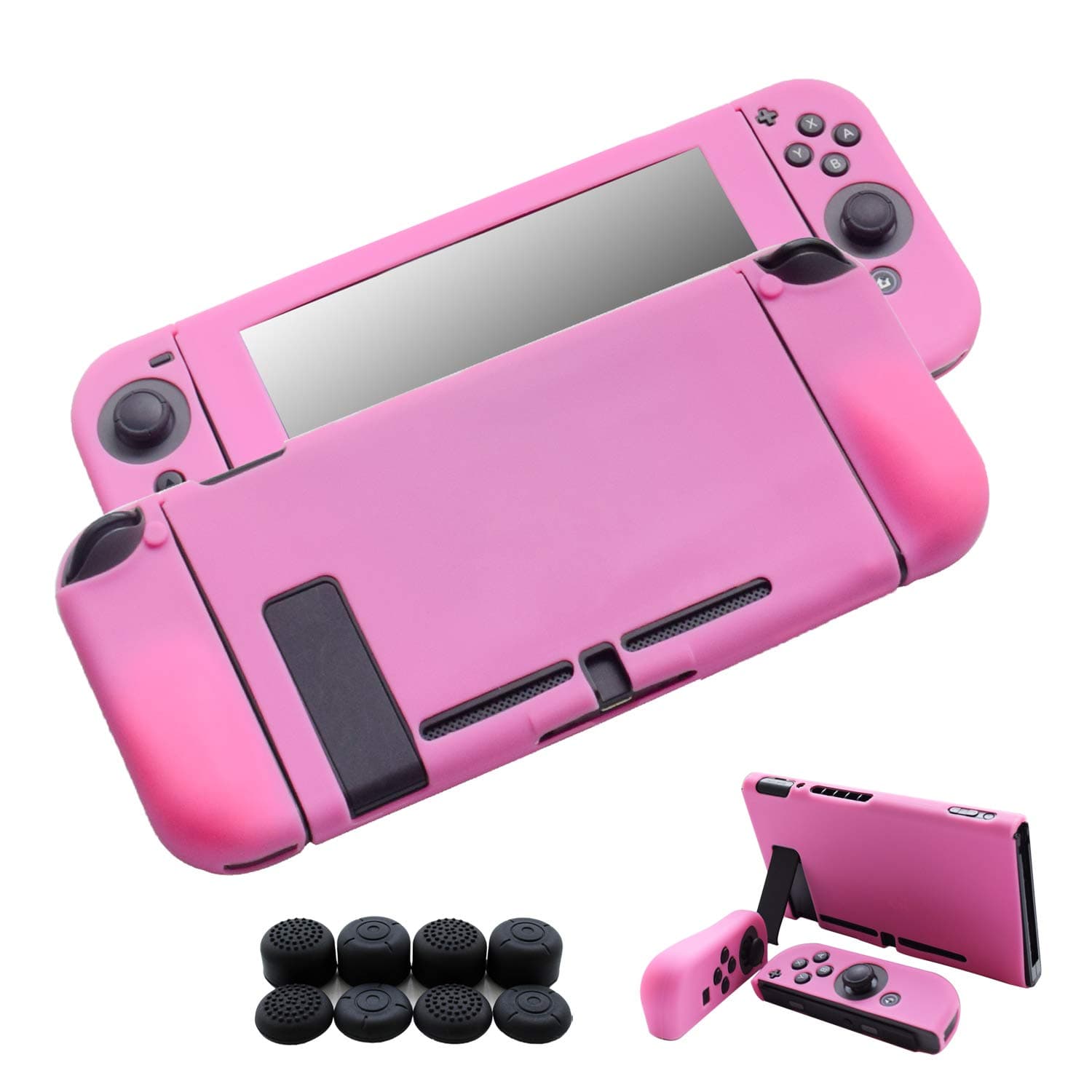 Hikfly Skin Compatible for Nintendo Switch 3pcs Silicone Cover Switch Grips Protector Gel Non-Slip Case Kits for Nintendo Switch 6.2" Screen(2017) Consoles and Joy-Con Controllers with 8pcs Thumb Grips Caps(Pink)