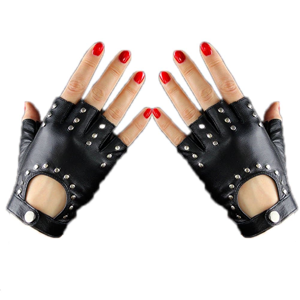Real Leather Fingerless Short Gloves Black Rock Rivets Stud Lambskin Half Finger