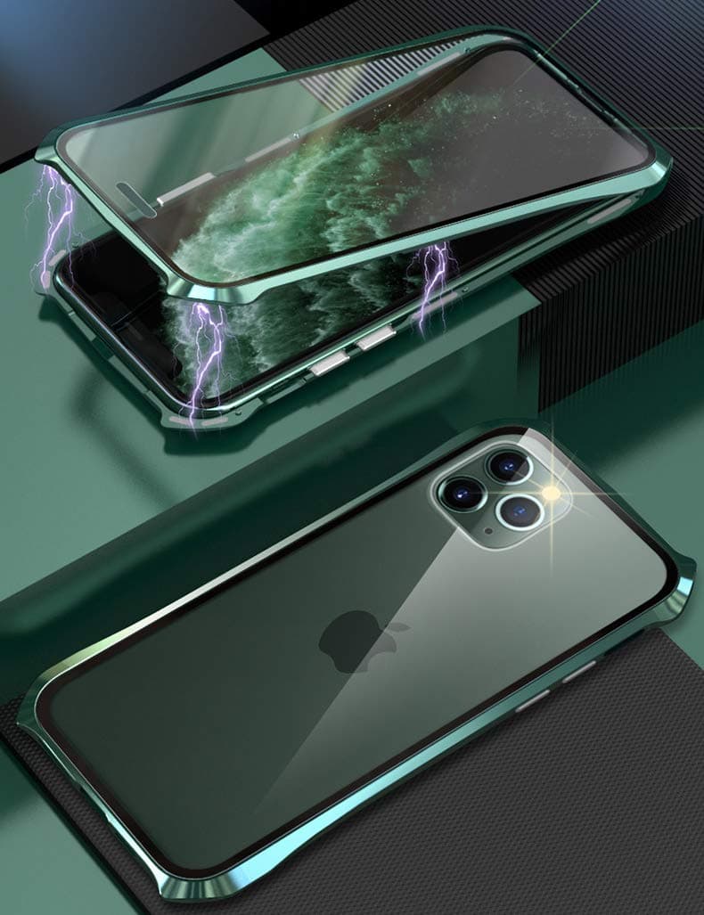 KumWum iPhone 11 Pro Max Case Magnetic Adsorption and Front and Back Double Tempered Glass with Metal Bumper 360 Degrees Protective Cover for iPhone 11 Promax - Green