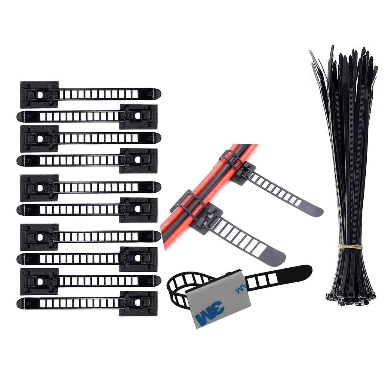 Eiito Wire Clips Cables Clamps (100 Pcs) + Nylon Zip Ties (100 Pcs) Self-Adhesive Cable Multipurpose