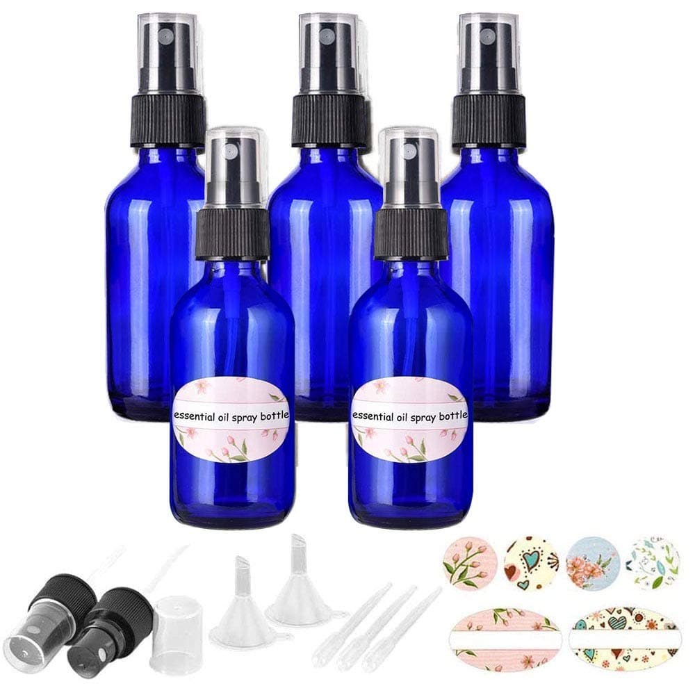 5Pcs 30ml blue glass spray bottles for essential oils with Black Atomiser Spray Perfect for Aromatherapy, Perfumes, Essential Oils, Aftershaves, and More