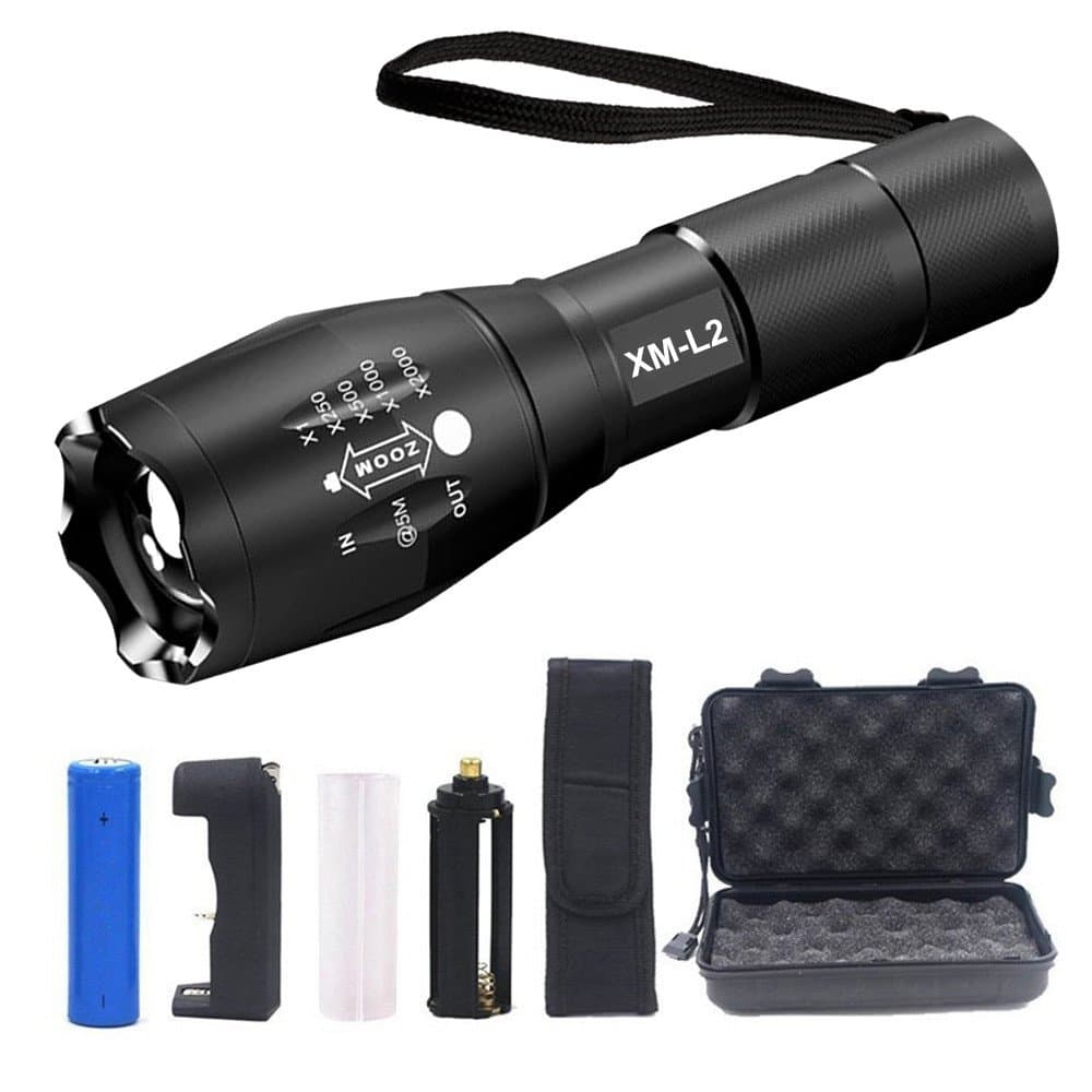 ATcose LED Tactical Flashlight,2000 Lumen Cree XM-L2 Portable Outdoor Water Resistant Torch with Adjustable Focus,Zoomable Flashlight 5 Mode High-Powered Handheld Flashlight