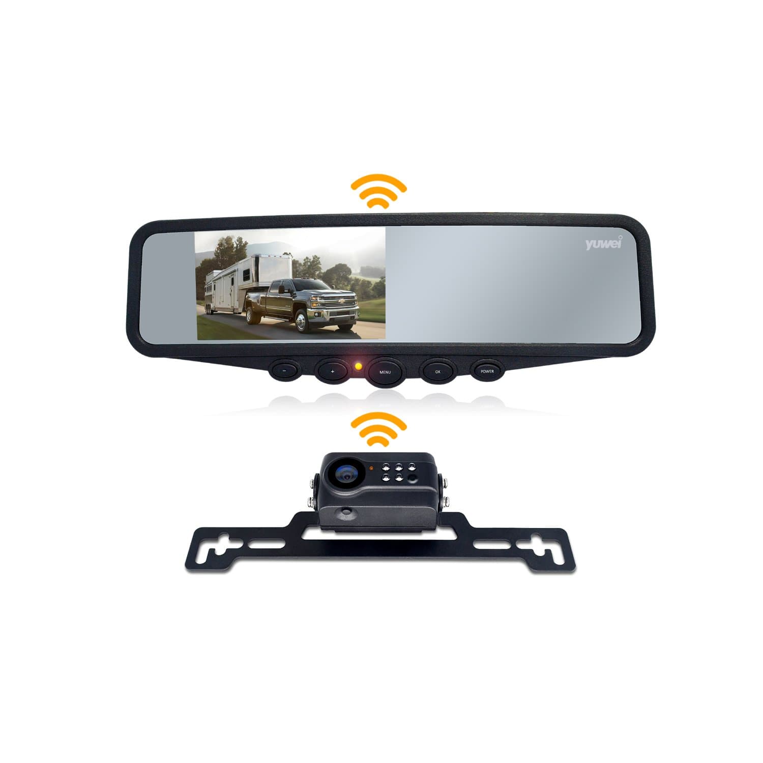Wireless Backup Camera System, IP69K Waterproof Wireless License Plate Rear View Camera, Night Vision and 4.3’’ Wireless Mirror Monitor for Cars, Trailer, RV, Pickup Trucks, Cargo Vans, etc.