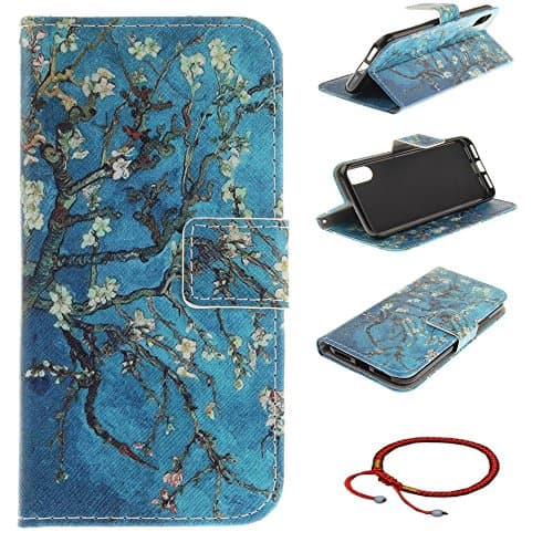 iPhone X Ultrathin PU Leather Flip Cover Pattern, GOCDLJ Cell Phone Case for iPhone X Cell Phone Slim Protective Case Anti Scratch Bumper Cover Wallet Fully Protective Build in Stand Function Folio Book Style with Magnetic Holder Cash Pocket ID Card Slots Pouch Soft Silicone Backcover Backside Shell Artificial Sleeve + Chinese Style Red Bracelets Design Blue Apricot tree