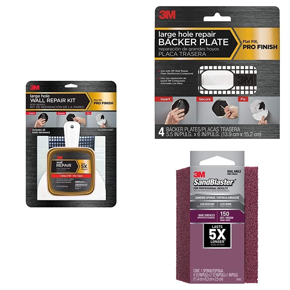 3M High Strength Large Hole Repair Kit, 12 fl. oz., 4-Pack Repair Plates, and SandBlaster Dual Angle Sanding Sponge, 150-Grit