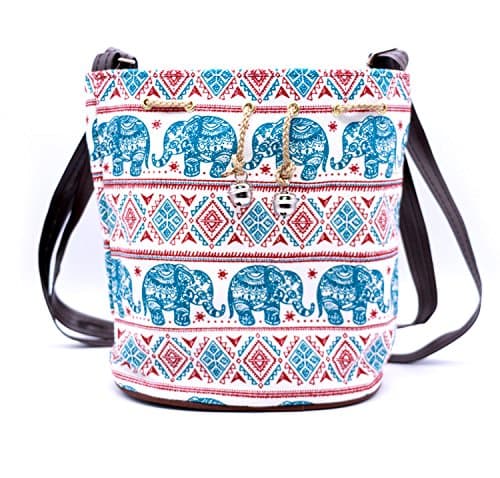 TRNS Thailand Elephant Print Drawstring Shoulder Handbag (Blue)