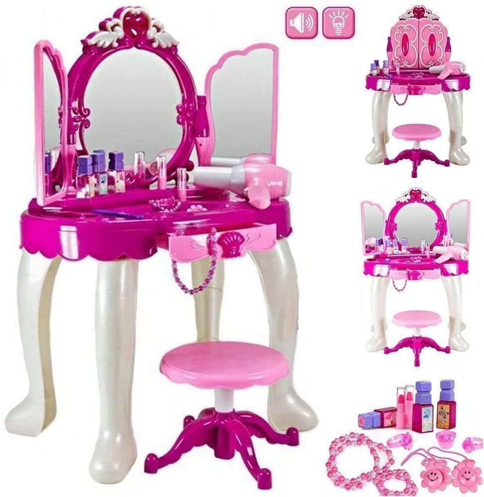 IUEG® Glamour Vanity Girls Magic Mirror Dressing Table Set Induction Makeup Accessories Pretend Princess Toy Music Lights Sound Children Christmas Gift Set + Drawer