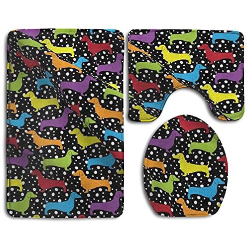 Rainbow Dotted Doxies 3 Piece Bathroom Rug Set Bath Rug, Contour Mat, Lid Cover Non-Slip With Rubber Backing