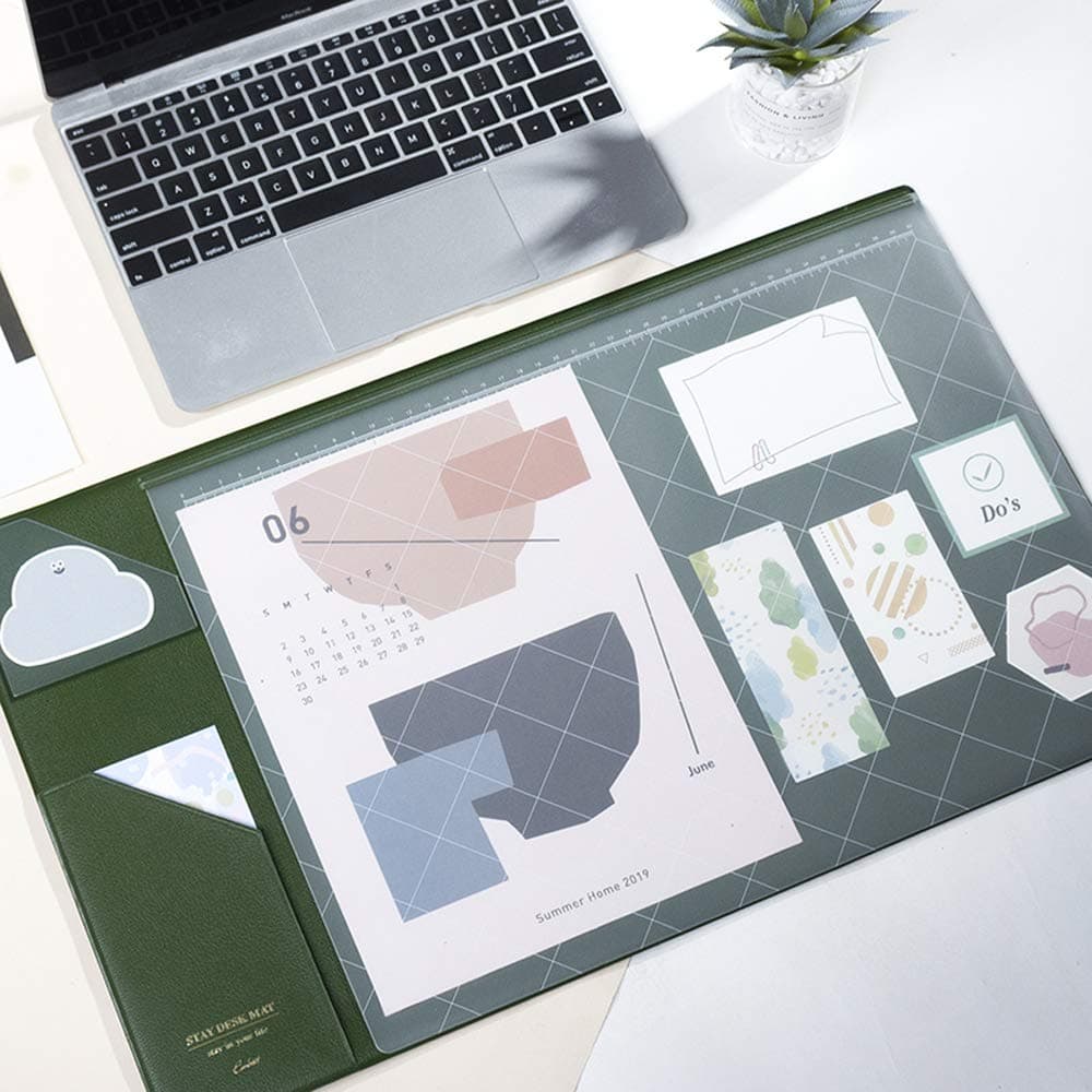 Desk Mats Artificial PU Leather Gaming Mouse Pad Protector Laptop Desk Pads with Pockets and Dividing Rule Scale (Green)