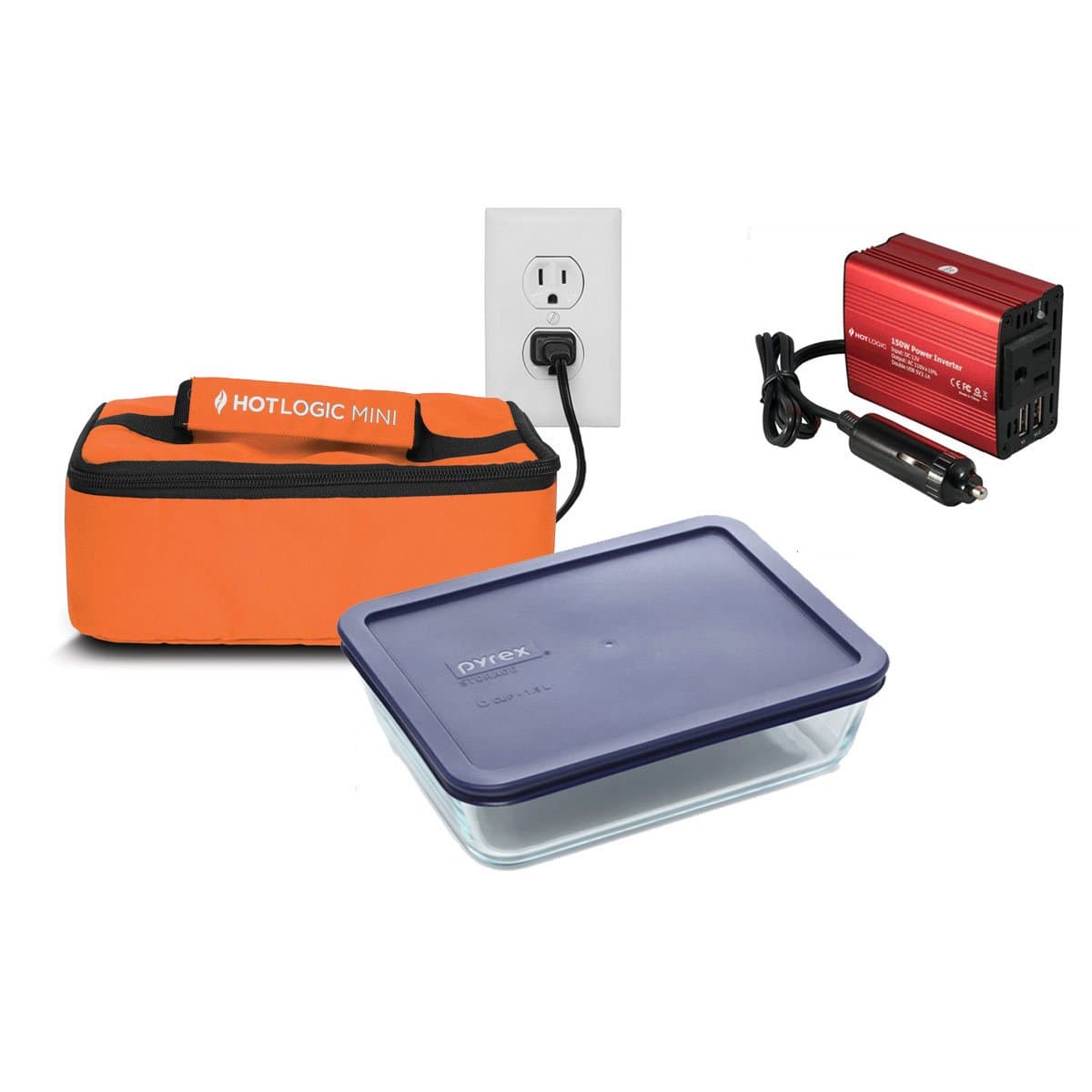 Hot Logic Mini -Deluxe Package with 6 Cup Glass Dish and 150Watt Hot Logic Power Inverter For Vehicle Use - Orange