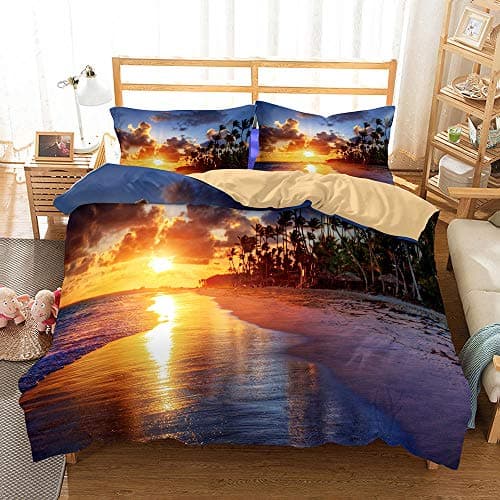 4Pcs Complete Reversible Duvet Cover & Fitted Sheet 3D Effect Print Sunrise At Sea Bed Sheet And Duvet Cover Set Real Effect_200x230cm