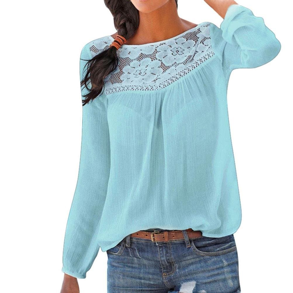 iYmitz Women Casual Long Sleeve Lace Patchwork Tops Solid Spring Summer Autum T-Shirt Blouse