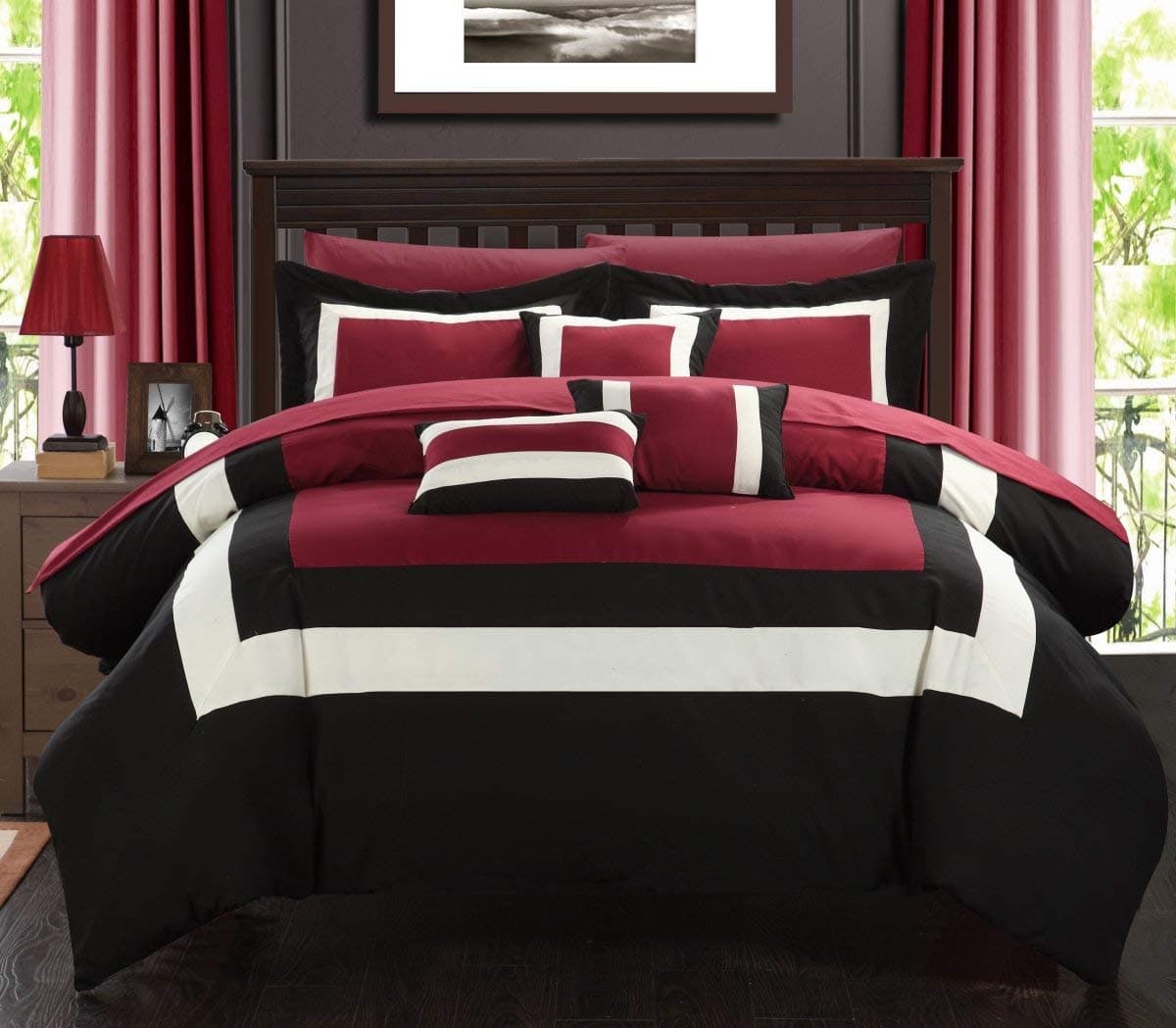 Chic Home Pieced Color Block Bed in A Bag Comforter Set, Red, king