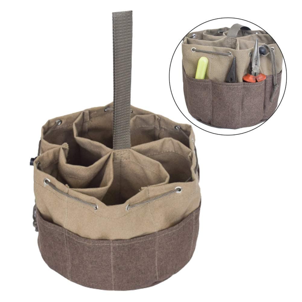 Basong Tool Organizer Bag, Bucket Tool Bag with 17 Pockets, Soft Sided Drawstring, Nylon Webbing Handle. Durable Canvas Construction for Electrician, HVAC, Plumber, Carpenter or Mechanic (Khaki Brown)