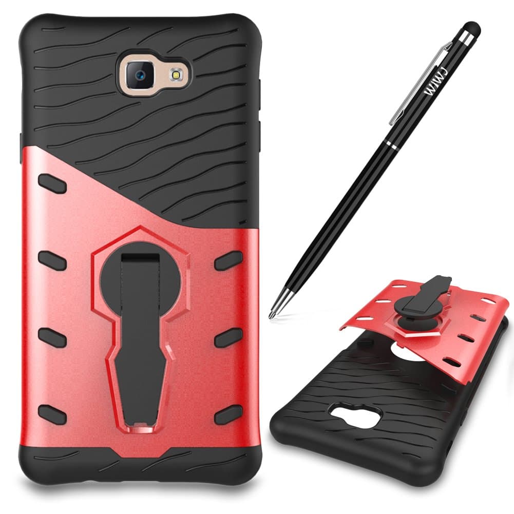 WIWJ Compatible with Galaxy J7 Prime Case Dual Layer Soft Cover Case 360 Degree Rotating Kickstand Case Armor Hard Plastic and Ultra Slim Case Shockproof Case for Samsung Galaxy J7 Prime/On7 2016-Red
