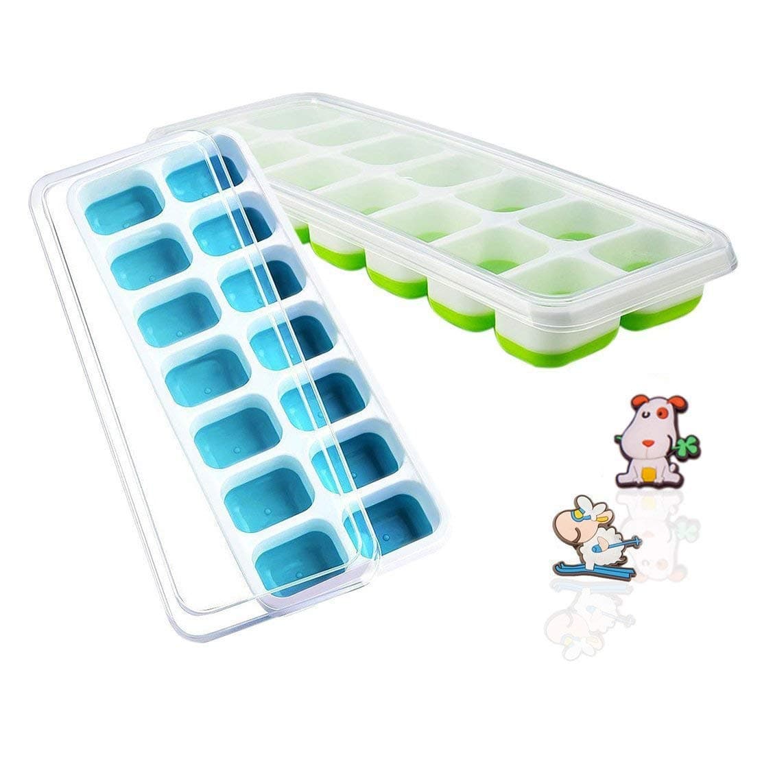Ice Cube Tray with Plastic Lids for Father's Day,Stackable Molds for Ice Making with Easy Release Silicone Push Bottom,DIY Ice Foods Drinks Fruits Coffee Beer (Set of 2,Bonus Fridge Magnets)