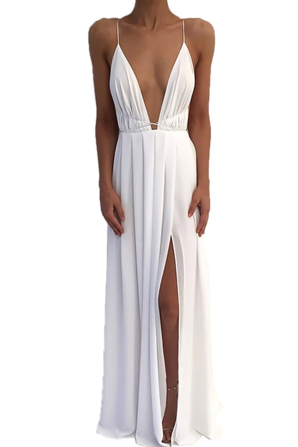 Boutiquefeel Womens Chiffon Spaghetti Strap Deep V Neck High Slit Maxi Dress