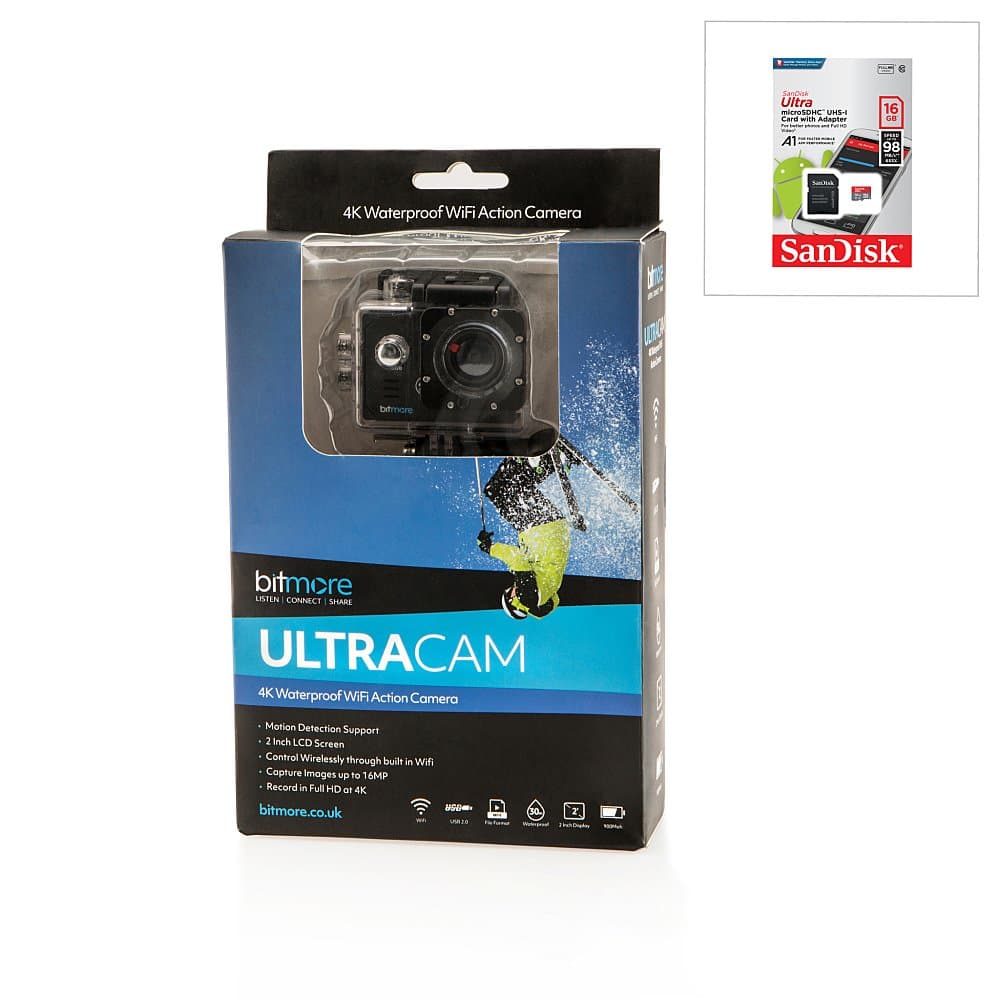 Bitmore Ultra HD 4K Action Camera Wi-Fi 2inch LCD Screen with SanDisk 16GB MicroSD Card