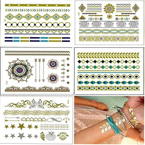 5 Sheets Metallic Temporary Tattoos, Shimmer Designs in Gold Silver Custom Temporary Sticker, Emporary Fake Body Jewelry Flash Tattoos Stickers Bracelets Feathers Wrist Creating Art Personalized