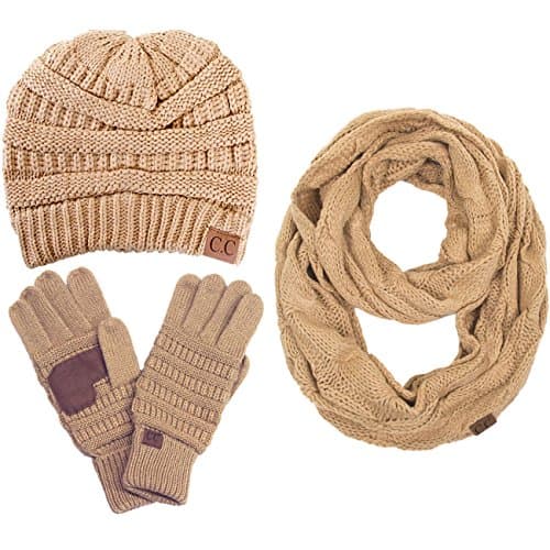 ScarvesMe CC 3pc Set Trendy Warm Chunky Soft Stretch Cable Knit Beanie Scarves Gloves Set