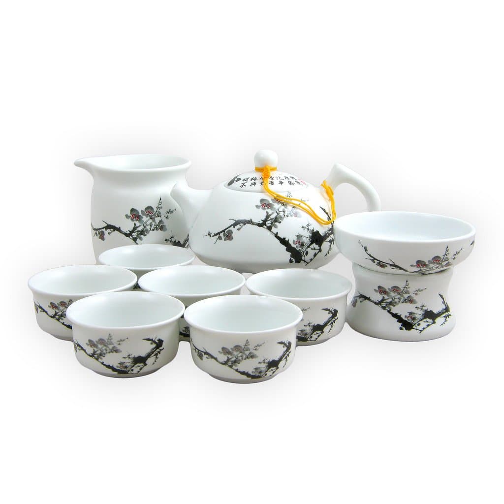Hand Painted Boxed Chinese Ting Ware Porcelain Infuser Tea Set Plum Blossom Design Tea for 6 Teapot Set - 1 Teapot, Hot Water Jug, Strainer and Teapot Stand With 6 Cups