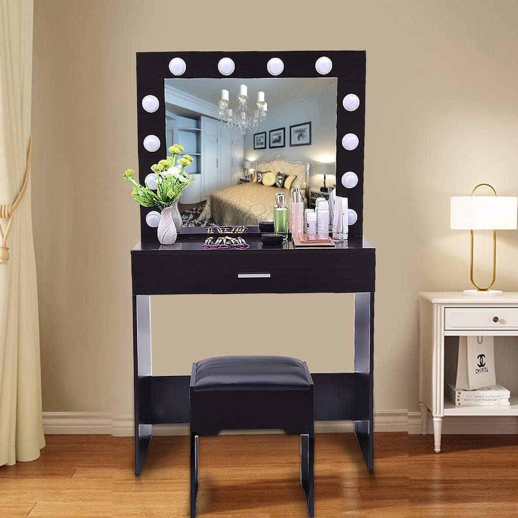 Vanity Set with 12 Light Bulbs, Fulijie Dressing Makeup Table Desk with Mirror, 1 Sliding Drawers, 1 Cushioned Stool for Bedroom and Bathroom (Black Walnut)