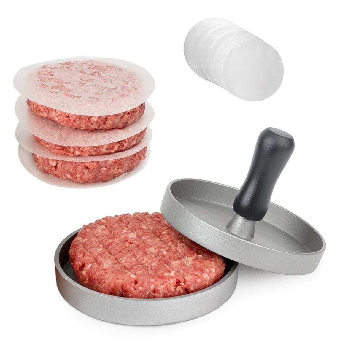 Burger Press Stuffed Hamburger Patty Maker with 40 Wax Papers, Round Burger Mold Kit for BBQ Grill by i Kito