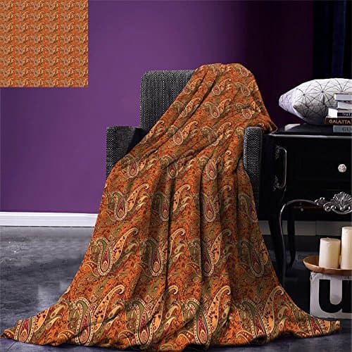 smallbeefly Orange Custom Design Cozy Flannel Blanket Traditional Old Fashioned Paisley Pattern Floral Design with Leaves Lightweight Blanket Extra Big Orange Olive Green Redwood