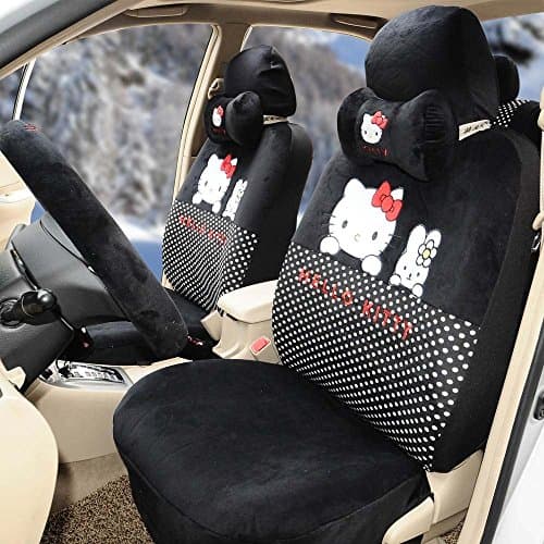 Hello Kitty 18pcs Universal Car Five Seat Covers Car Steering Wheel Cover (Black)
