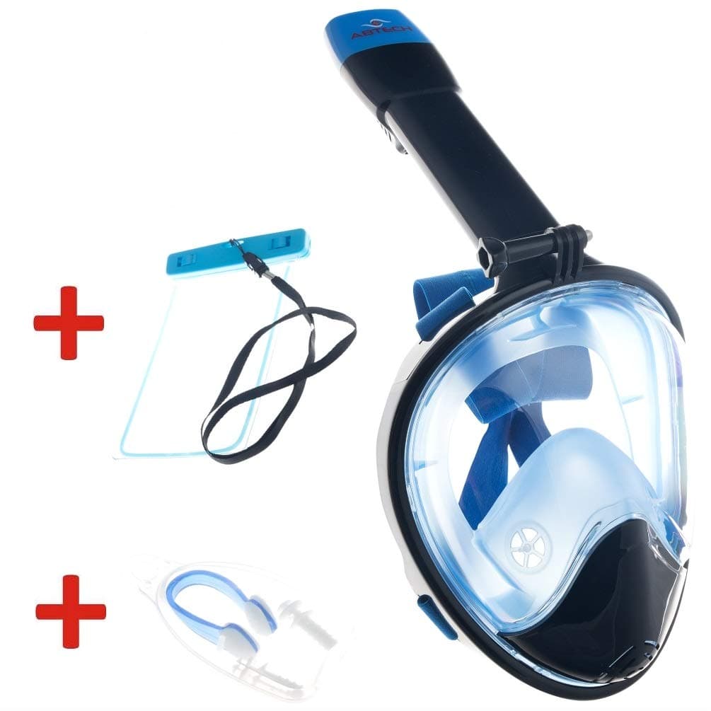 ABTECH Snorkel Mask Full Face – Gopro Compatible - 180 Degree Panoramic View - Anti Fog – Anti Leak Dry Top Waterproof Technology – Includes a Waterproof Phone Case and a Nose Clip