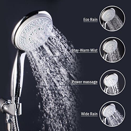 Chrome Eco-performance&Five-Functions Handshower, Convenient Push-Button&Flow Control Button, 4.3" Diameter Spray Head, 69" Stretchable Stainless Steel Hose, With Angle-Adjustable Bracket&Teflon Tape