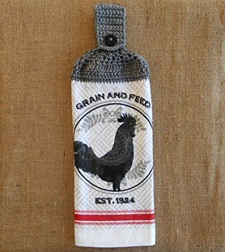 Rustic Rooster Hanging Dish Towel Double Sided with Grey Crochet Top, Kitchen Decor