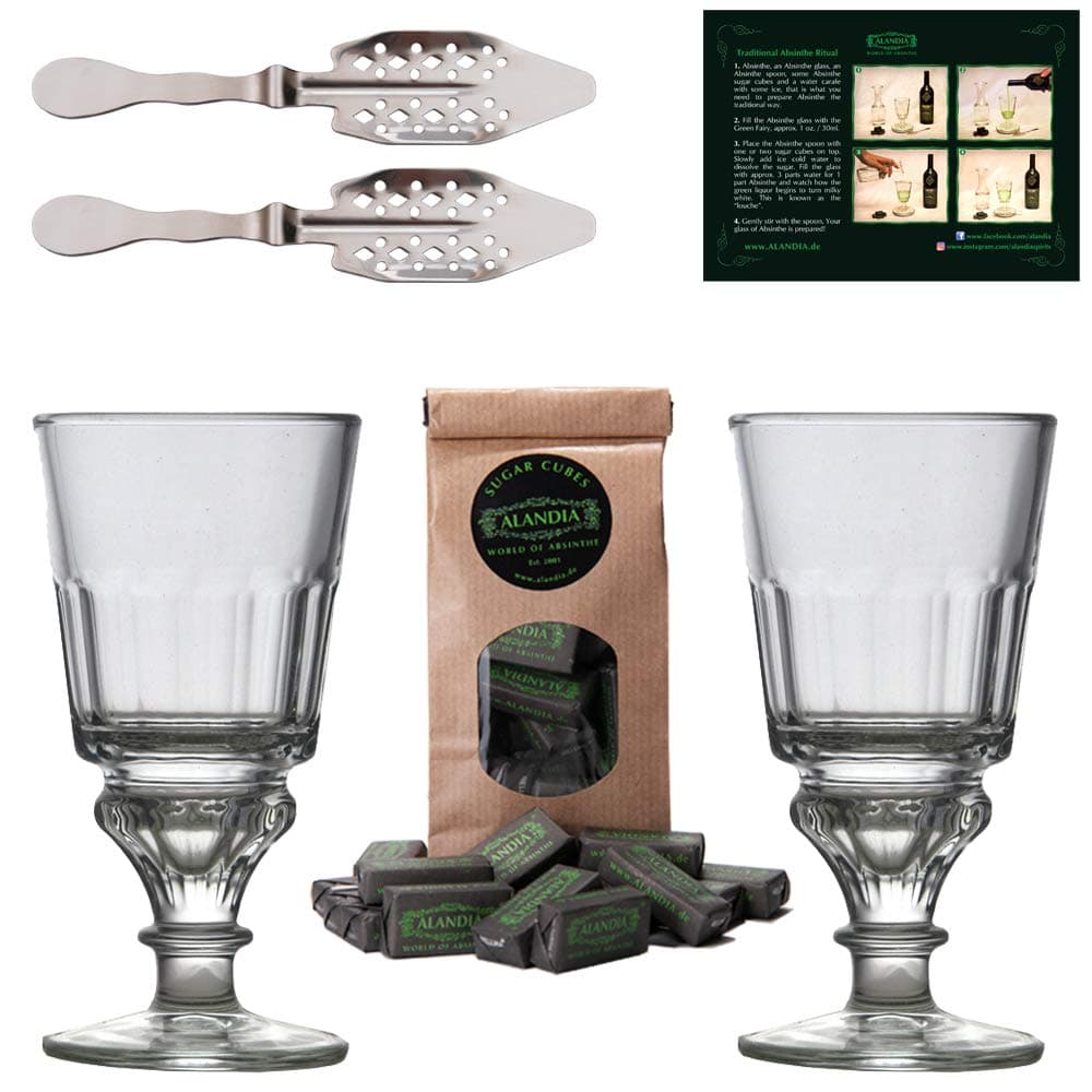 Original Absinthe Accessory Set 2x Absinthe Glasses / 2x Absinthe Spoons / 1x Absinthe Sugar Cubes + Manual how to prepare Absinthe the traditional way -
