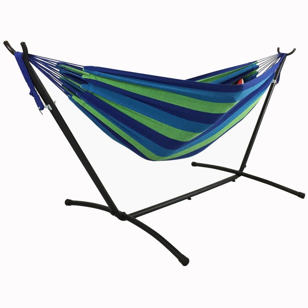 Skyards (ship from US) Camping Double Hammock Chair Bed with Stand and Storage Bag (Blue/Green)