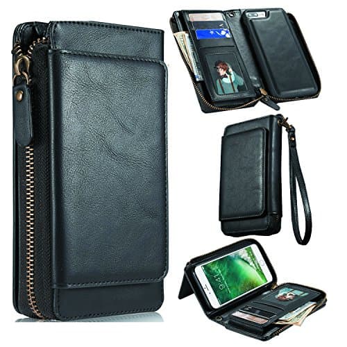 iPhone 7 Plus Wallet Case,Zipper Wallet Case Magnetic Detachable Large Storage Phone Cover 12 Card Slots 2 Cash Slots Removable Handbag with Wrist Strap and stand Card Holder for iPhone 7 Plus -Black